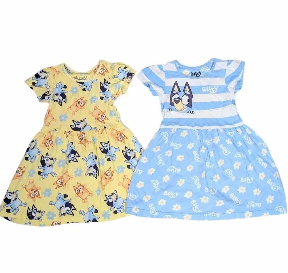 Bluey Character blue white yellow cotton short sleeve dresses set of 2 girls 6